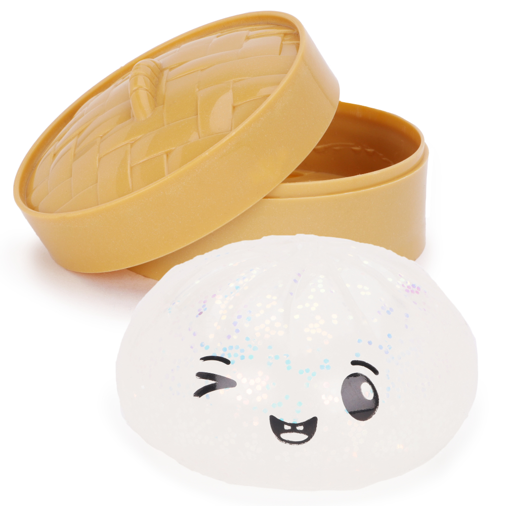 Toyland® Iridescent Glitter Squishy Bao Dumpling Sensory Fidget Toy with Plastic Steamer Box - Squeeze Toys for Kids - Ages 3+