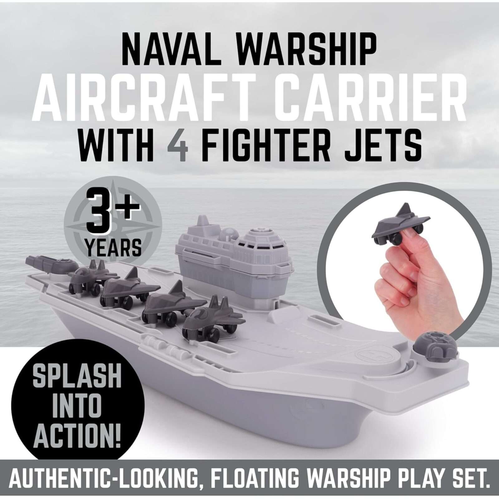 Toyland® Aircraft Carrier Toy Military Playset With 4 Detachable Fighter Jets - Grey Naval Warship Floating Water Toy - Pool & Bathtime Boat Toys - Age 3 Years+ - Image 2