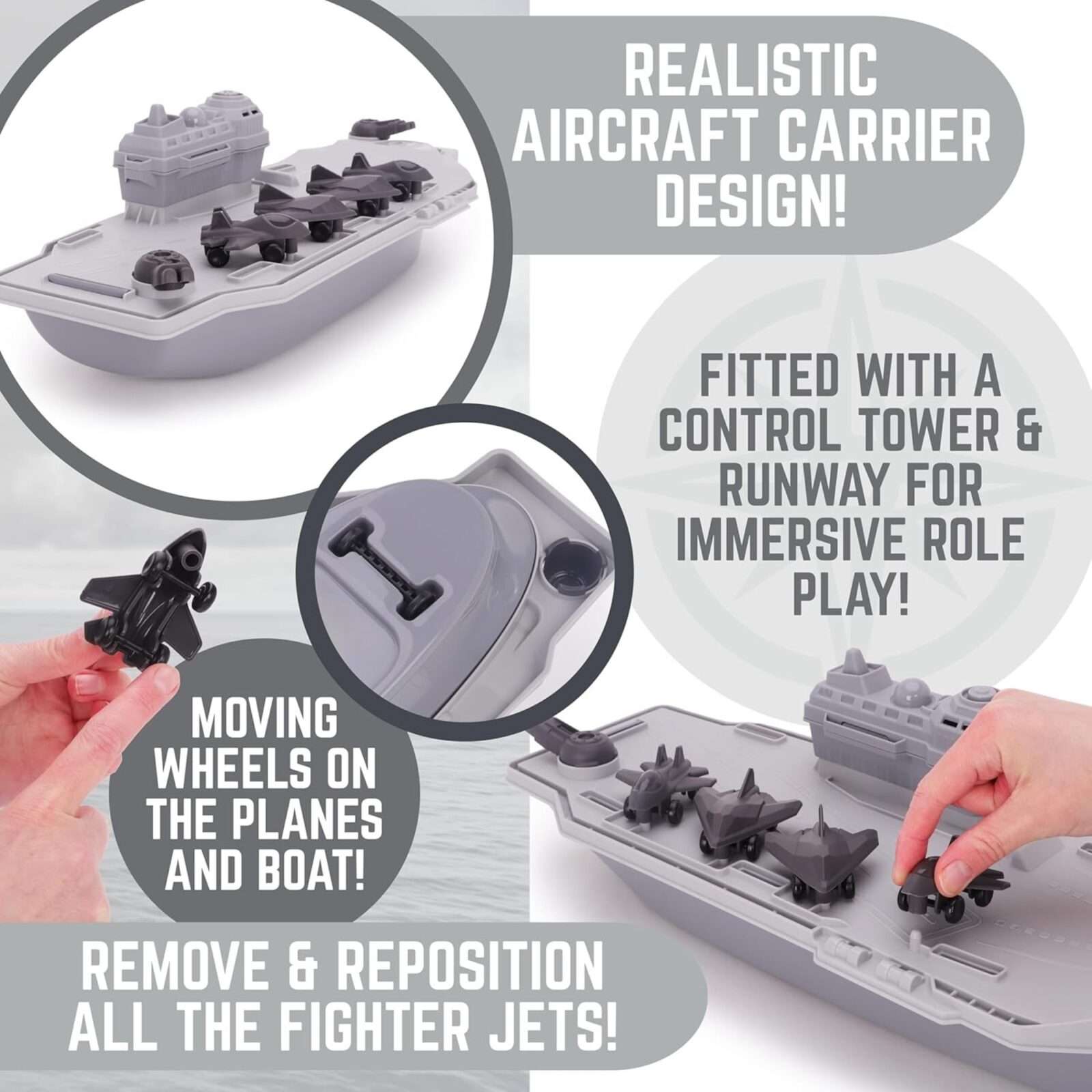 Toyland® Aircraft Carrier Toy Military Playset With 4 Detachable Fighter Jets - Grey Naval Warship Floating Water Toy - Pool & Bathtime Boat Toys - Age 3 Years+ - Image 8