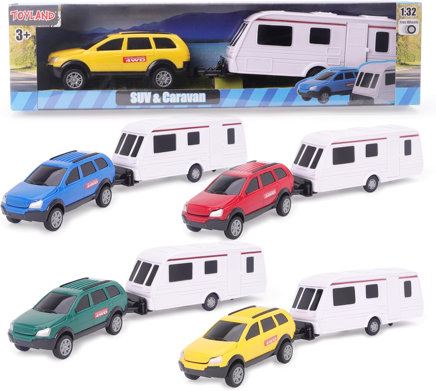 Toyland® Car With Detachable Caravan Set - 1:32 Scale Free-Wheel Action SUV & Trailer Collectible Toy Vehicle for Kids - 1 Chosen At Random - 4 Colours Avaliable - Ages 3+