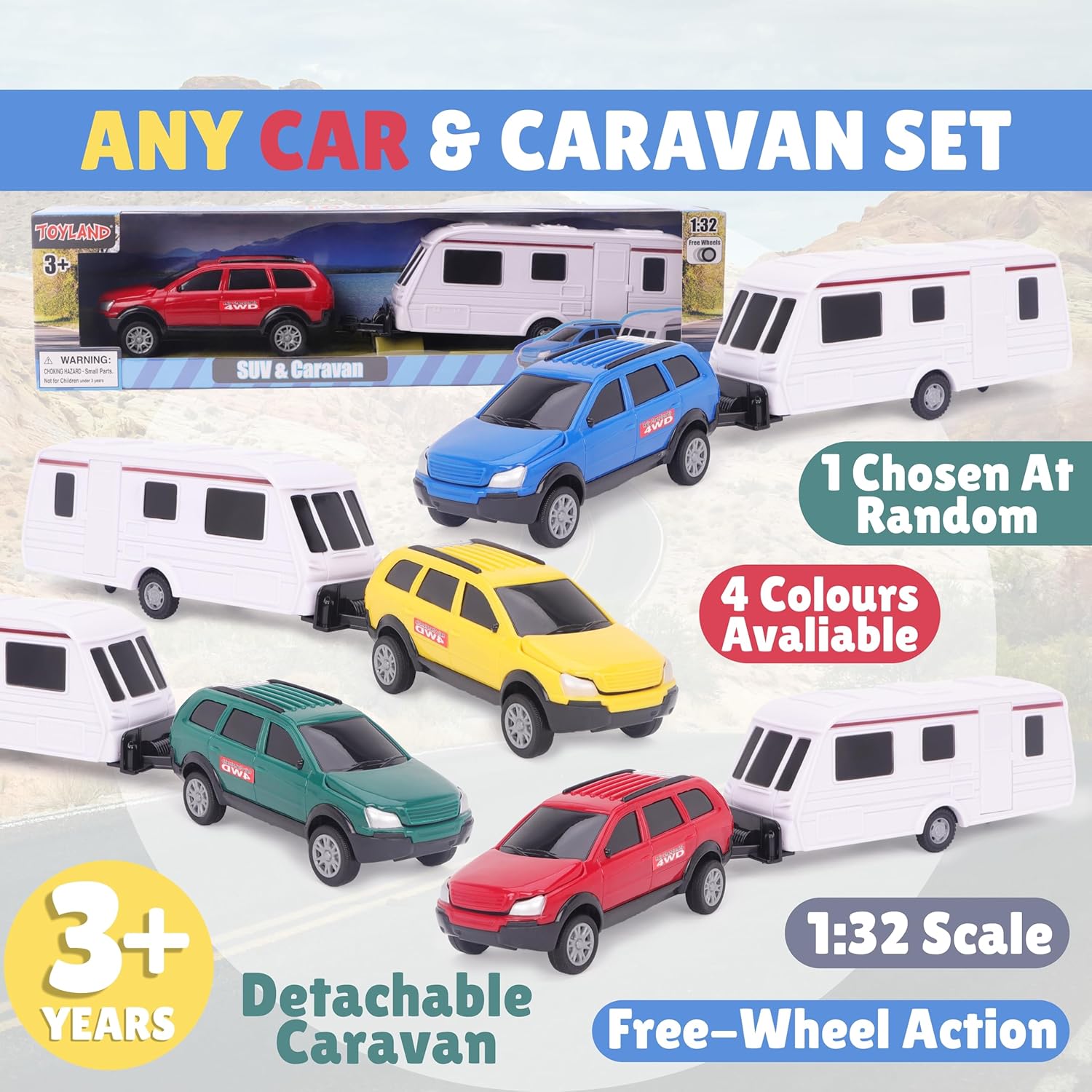 Toyland® Car With Detachable Caravan Set - 1:32 Scale Free-Wheel Action SUV & Trailer Collectible Toy Vehicle for Kids - 1 Chosen At Random - 4 Colours Avaliable - Ages 3+ - Image 9