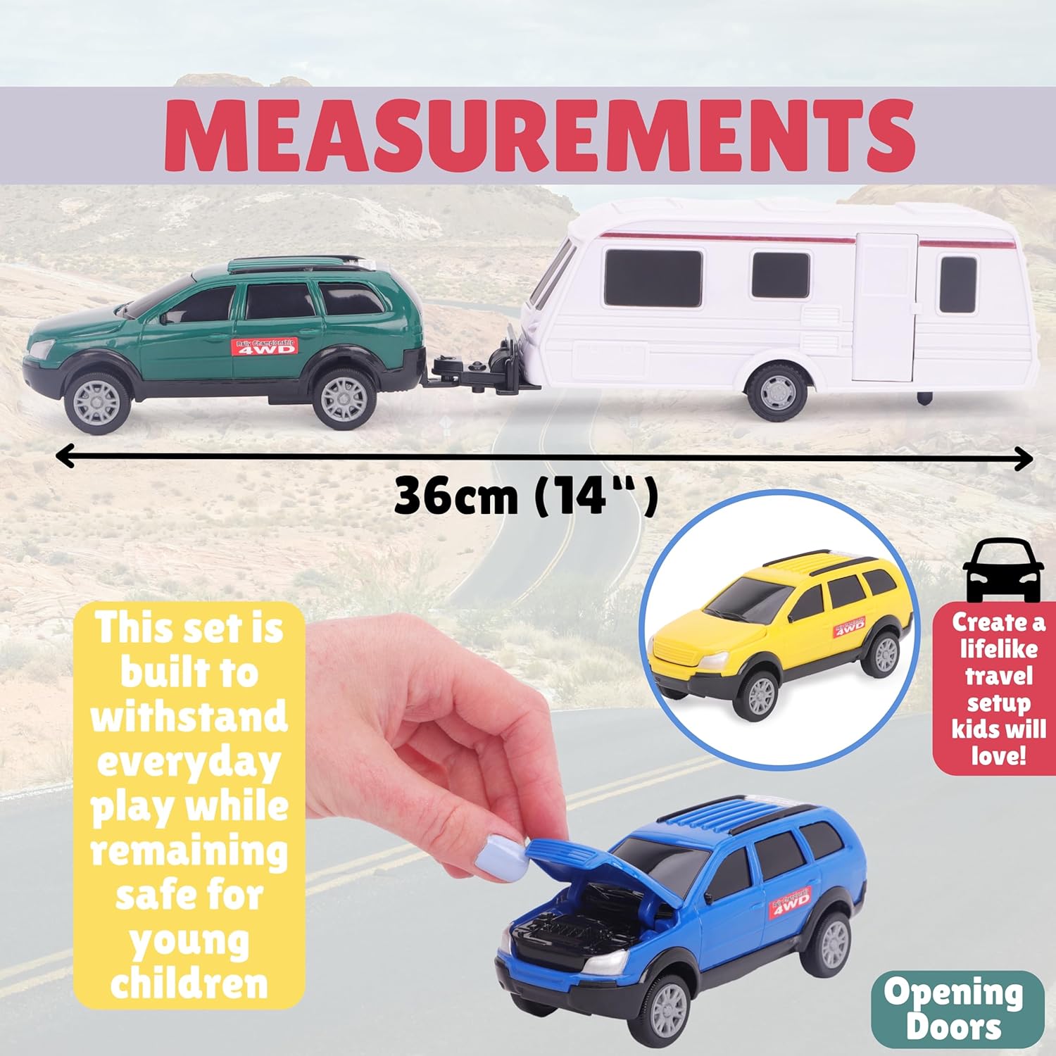Toyland® Car With Detachable Caravan Set - 1:32 Scale Free-Wheel Action SUV & Trailer Collectible Toy Vehicle for Kids - 1 Chosen At Random - 4 Colours Avaliable - Ages 3+ - Image 7