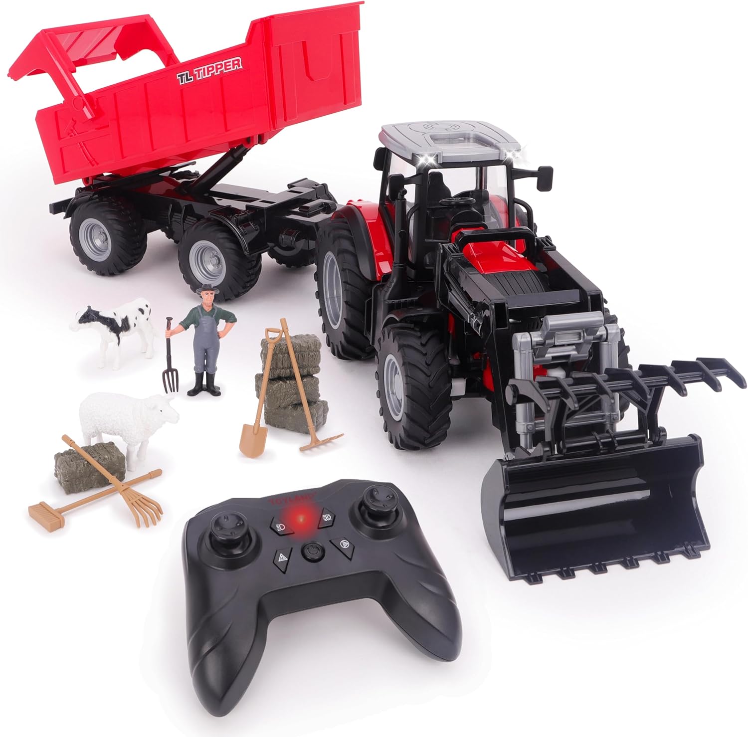 Toyland 1:24 Scale Red Remote Control Tractor With Frontloader, Powered Tipping Trailer & Accessories - Toy Playset with Lights & USB Charging - Rechargable Battery Included - Farm Play Vehicle