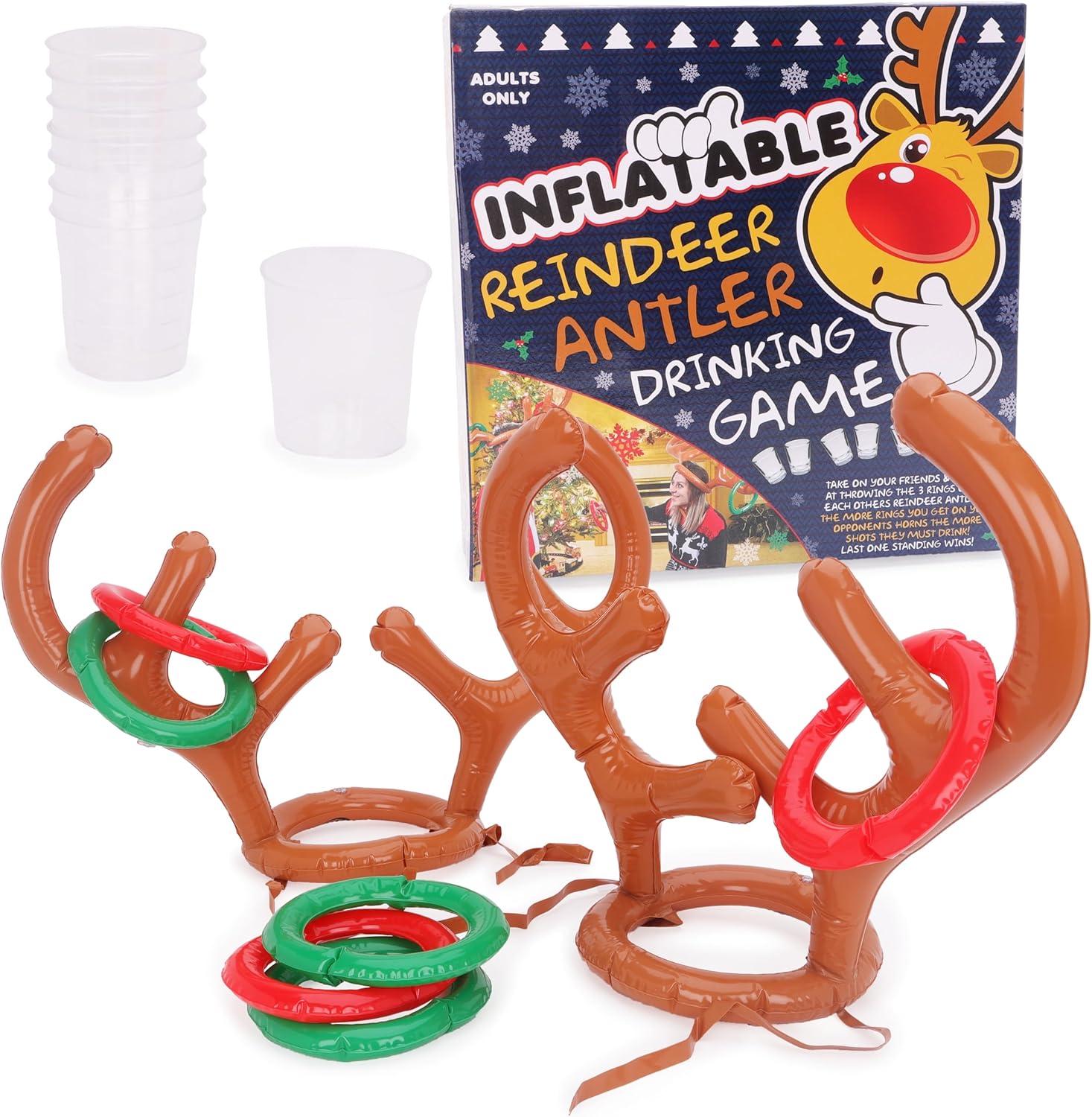 Toyland® Inflatable Reindeer Antlers Ring Toss Drinking Game – Includes Inflatable Antlers, Rings & Shot Glasses - 18+ Adults Only - Family & Friends Christmas Party Games