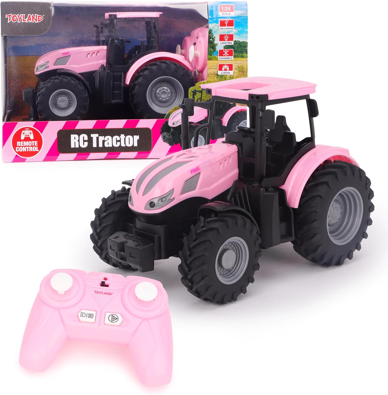 Toyland 1:24 Scale Pink Remote Control Tractor Toy with Lights & USB Charging - Rechargable Battery Included - Indoor and Outdoor Farm Play Vehicle