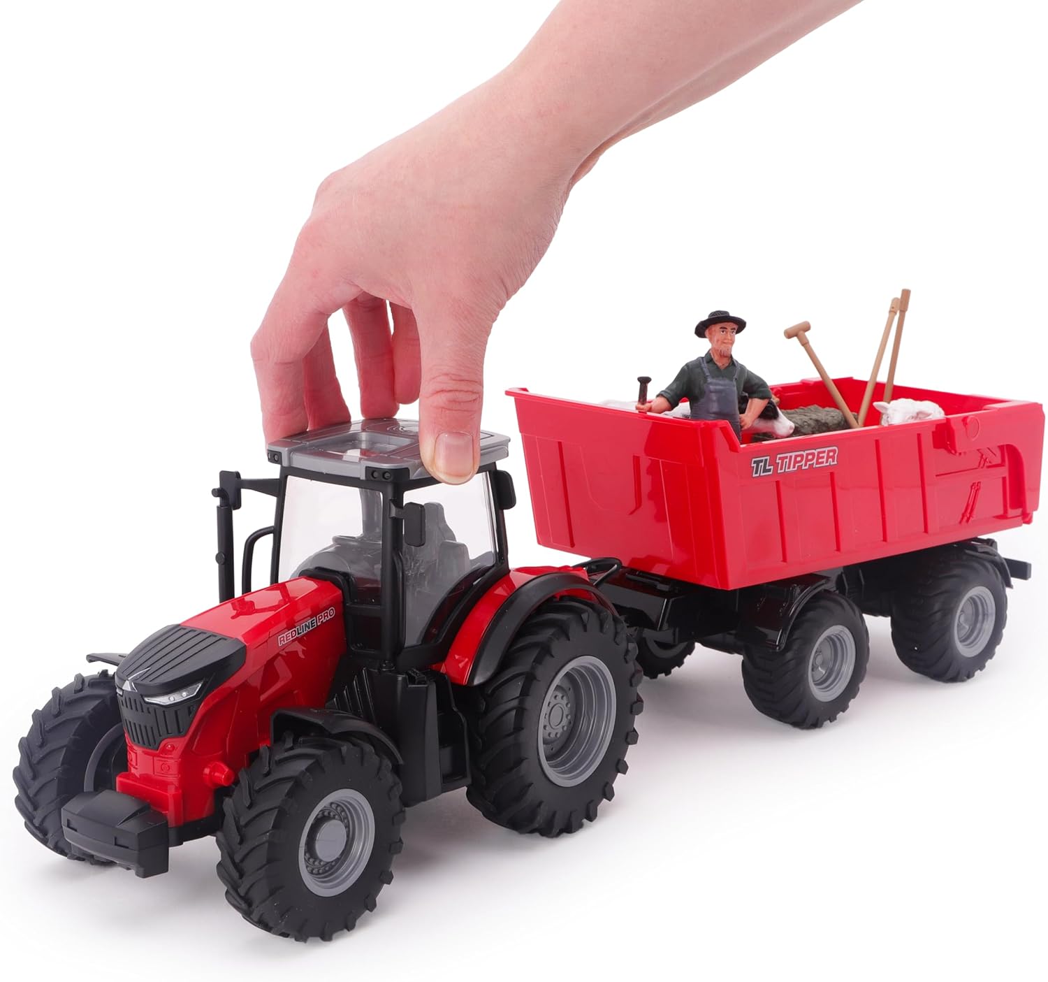 Toyland 1:24 Scale Red Remote Control Tractor With Frontloader, Powered Tipping Trailer & Accessories - Toy Playset with Lights & USB Charging - Rechargable Battery Included - Farm Play Vehicle - Image 9