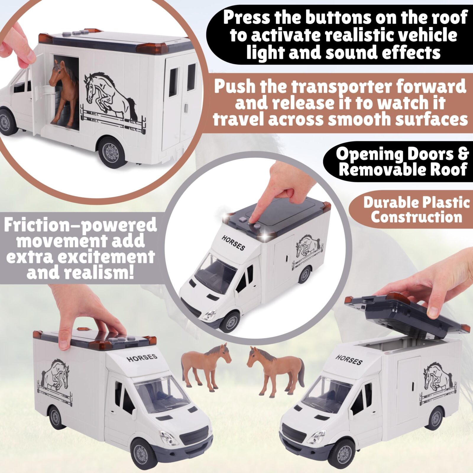 Toyland® 27cm (11”) Horse Transporter With 2 Horses, Lights & Sounds | Friction Powered, Moving Parts, Toy Truck - Realistic Play Figure Horses - Play Set & Accessories - Ages 3+ - Image 9