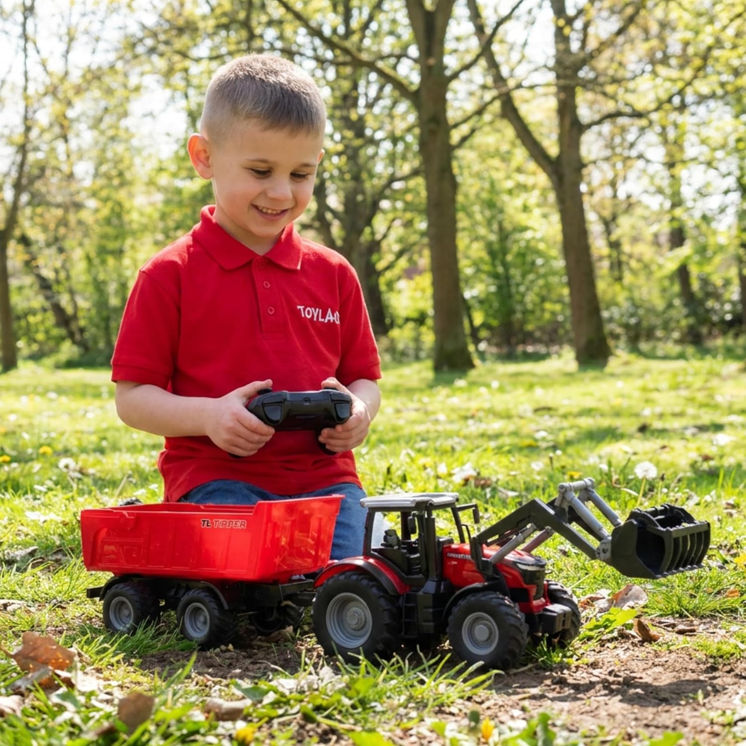 Toyland 1:24 Scale Red Remote Control Tractor With Frontloader, Powered Tipping Trailer & Accessories - Toy Playset with Lights & USB Charging - Rechargable Battery Included - Farm Play Vehicle - Image 2