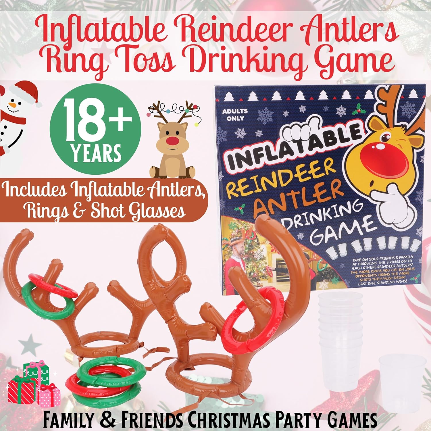 Toyland® Inflatable Reindeer Antlers Ring Toss Drinking Game – Includes Inflatable Antlers, Rings & Shot Glasses - 18+ Adults Only - Family & Friends Christmas Party Games - Image 2