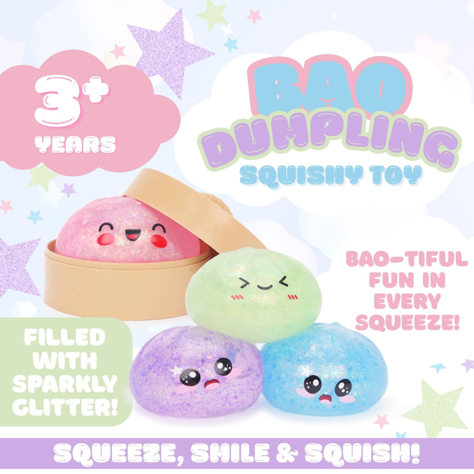 Toyland® Mystery Ice Glitter Squishy Bao Dumpling Sensory Fidget Toy with Plastic Steamer Box - Squeeze Toys for Kids - 1 Chosen At Random - Ages 3+ - Image 2