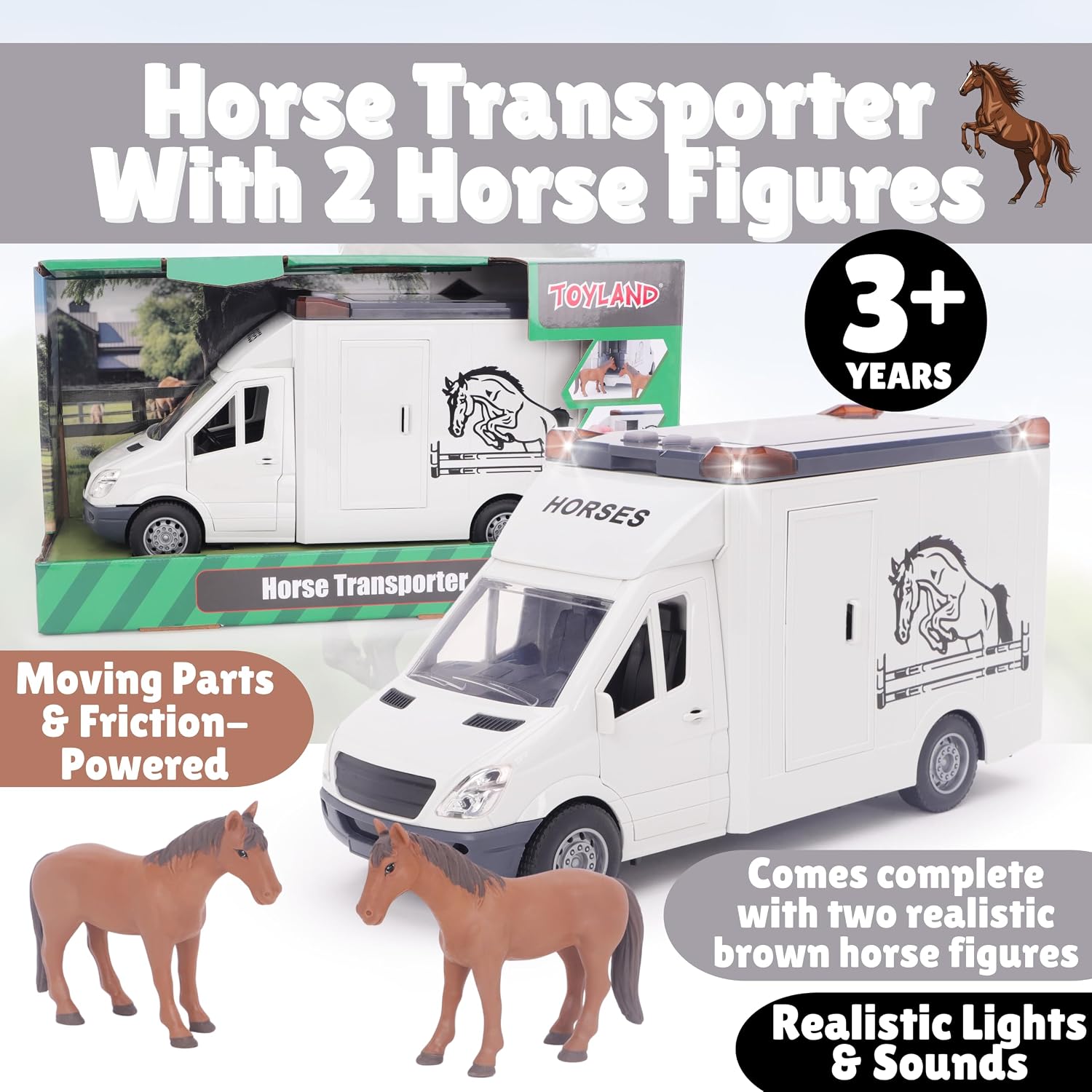 Toyland® 27cm (11”) Horse Transporter With 2 Horses, Lights & Sounds | Friction Powered, Moving Parts, Toy Truck - Realistic Play Figure Horses - Play Set & Accessories - Ages 3+ - Image 2