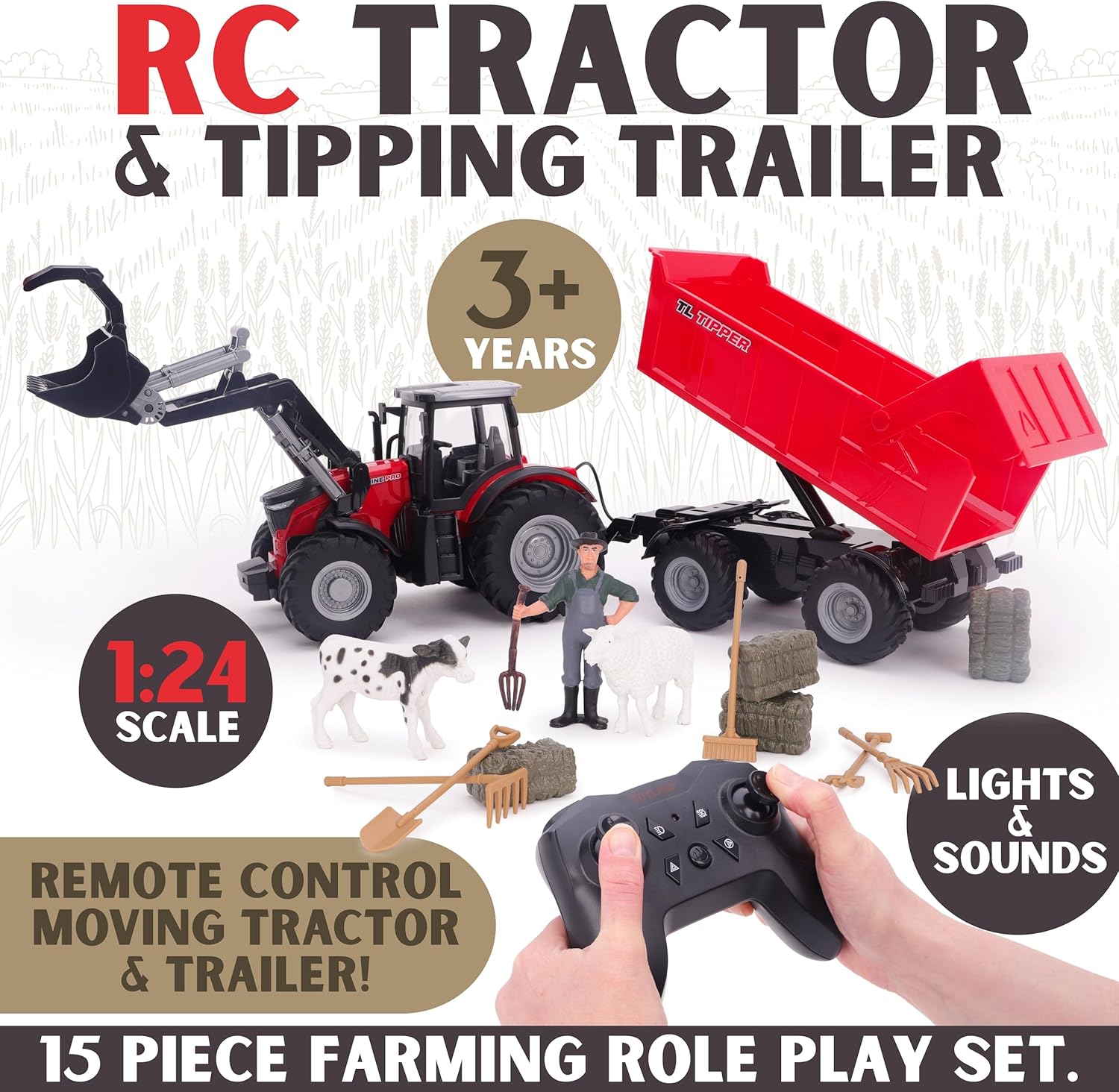 Toyland 1:24 Scale Red Remote Control Tractor With Frontloader, Powered Tipping Trailer & Accessories - Toy Playset with Lights & USB Charging - Rechargable Battery Included - Farm Play Vehicle - Image 3