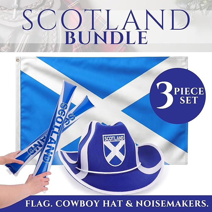 Toyland® 4 Piece Scotland Bundle - Includes 1 Scotland Cowboy Hat, 1 Large Flag 5ft x 3ft, & 2 Bang Bang Noisemaking Sticks - World Cup & Sports Events - St Andrews Party & Celebration Accessories - Image 3