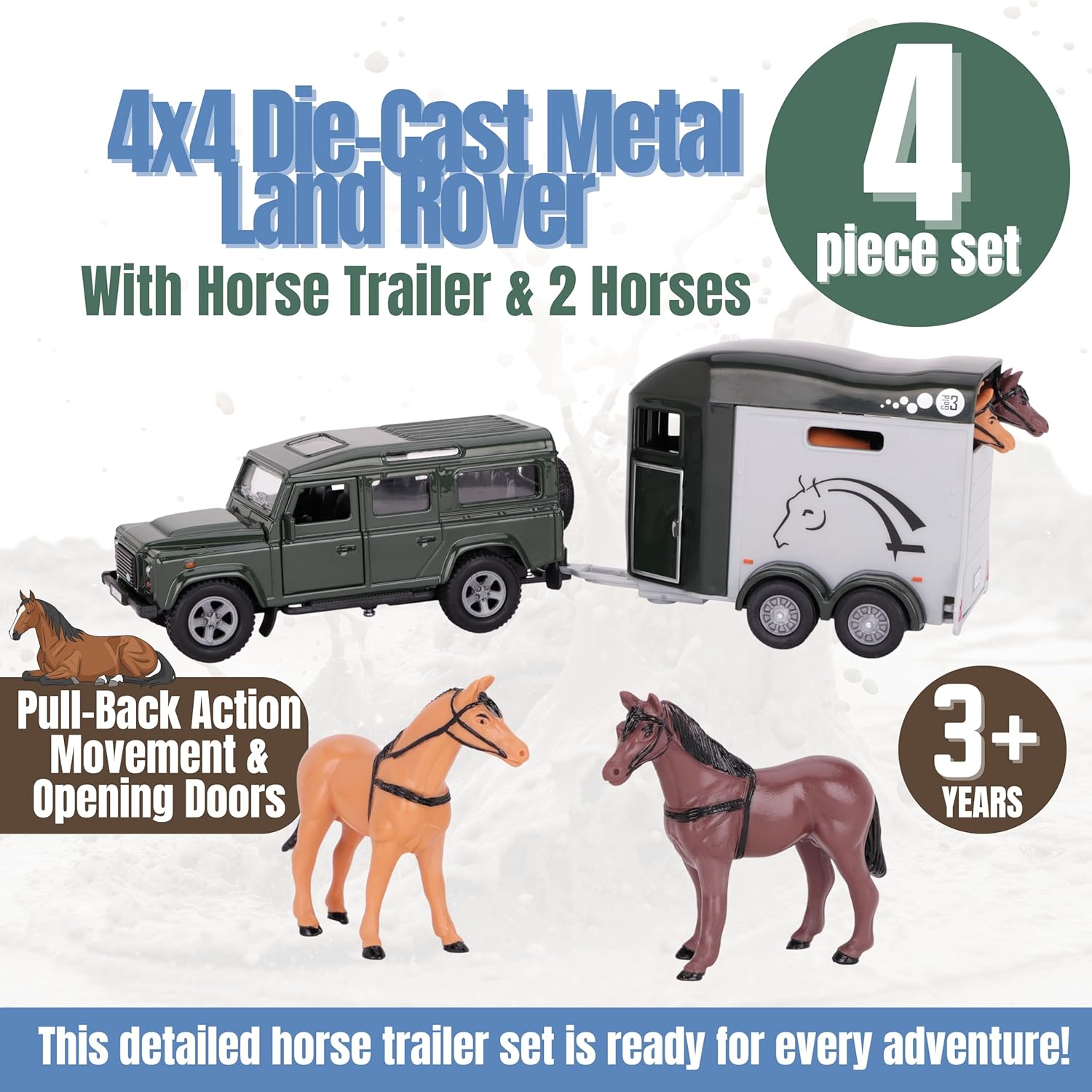 Toyland® 26cm (10”) Land Rover with Horse Trailer & 2 Horses - Die-Cast Metal 4x4 Vehicle Playset - Pull-Back Action Movement & Opening Doors - Suitable for Ages 3+ - Image 3