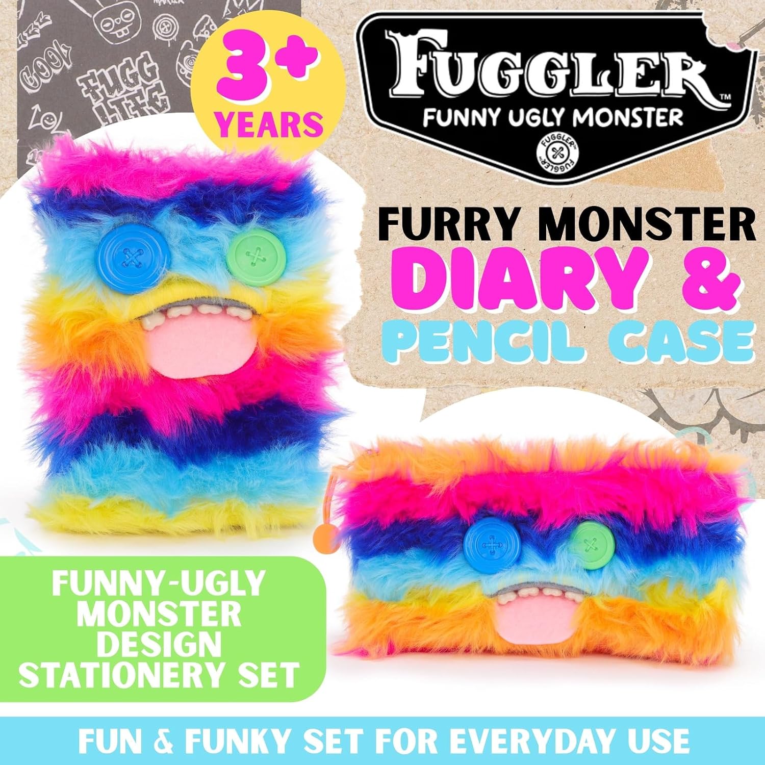 Toyland® Pack of 2 Fuggler Stationery Set - A5 Furry Notebook & Pencil Case Set - Fun Rainbow with Button Eyes Design - Cute Desk Accessories for Kids & Teens - 3+ Years - Image 3