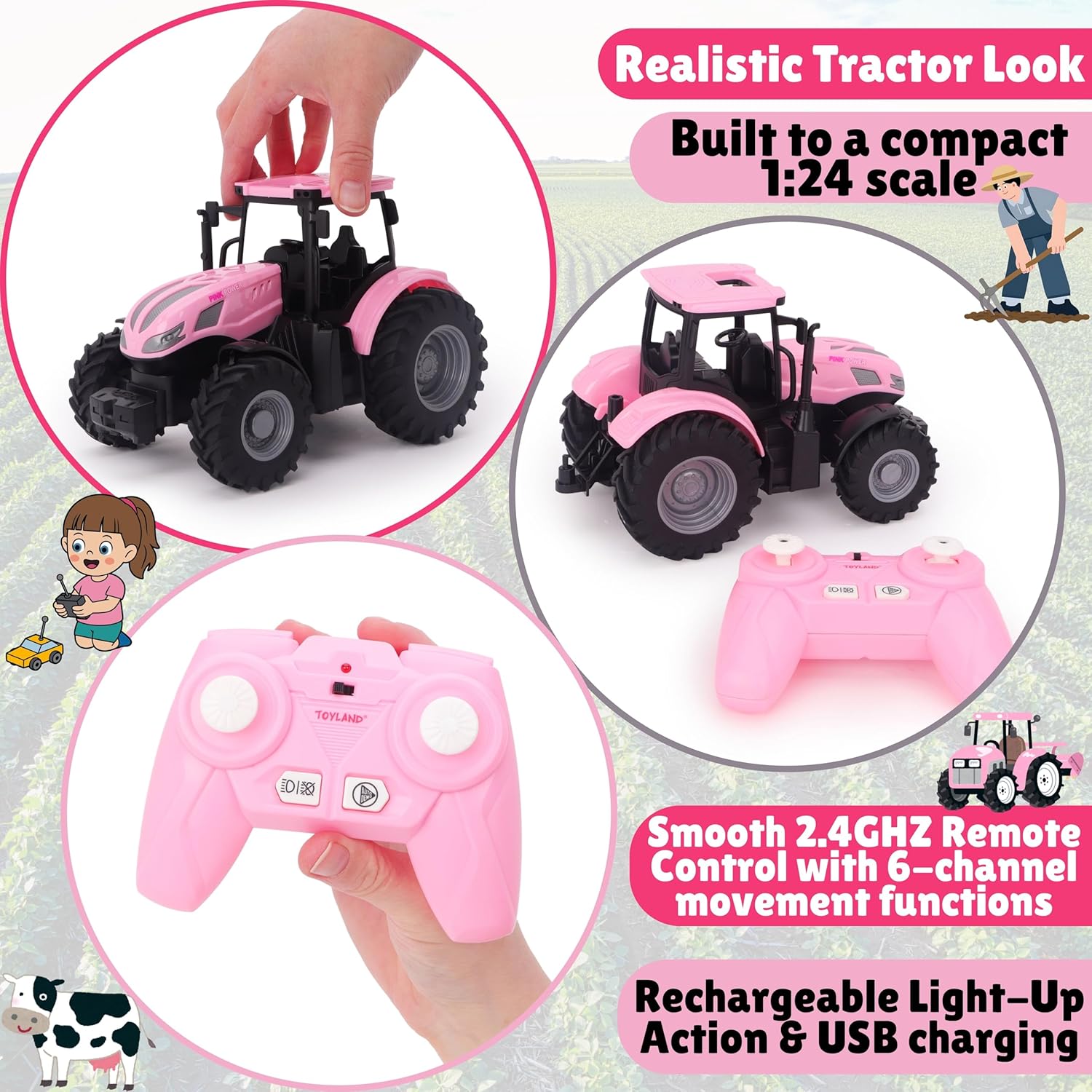 Toyland 1:24 Scale Pink Remote Control Tractor Toy with Lights & USB Charging - Rechargable Battery Included - Indoor and Outdoor Farm Play Vehicle - Image 9