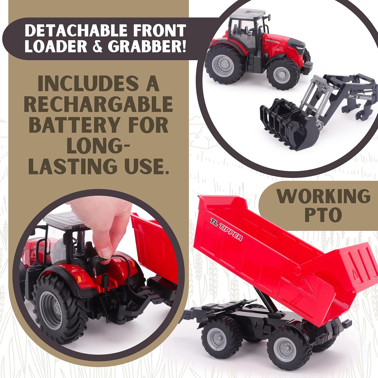 Toyland 1:24 Scale Red Remote Control Tractor With Frontloader, Powered Tipping Trailer & Accessories - Toy Playset with Lights & USB Charging - Rechargable Battery Included - Farm Play Vehicle - Image 4