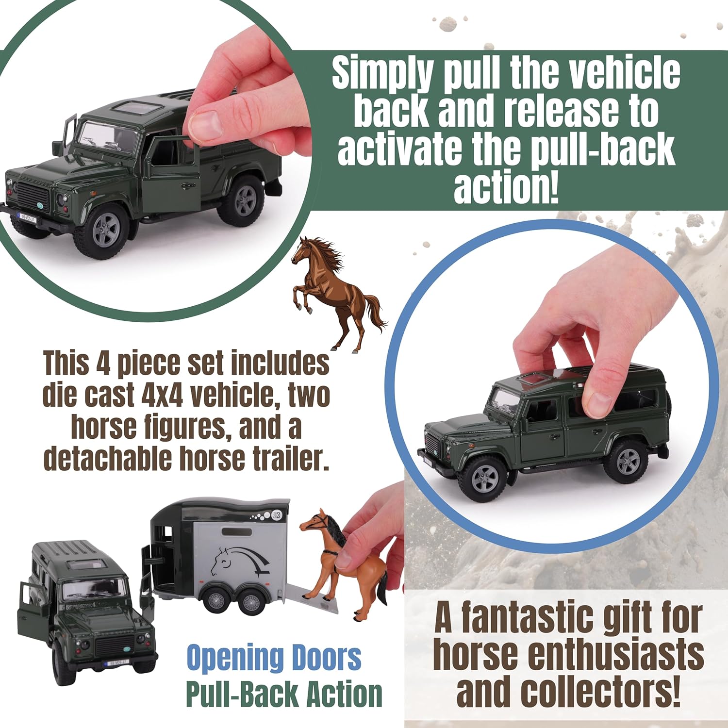 Toyland® 26cm (10”) Land Rover with Horse Trailer & 2 Horses - Die-Cast Metal 4x4 Vehicle Playset - Pull-Back Action Movement & Opening Doors - Suitable for Ages 3+ - Image 4