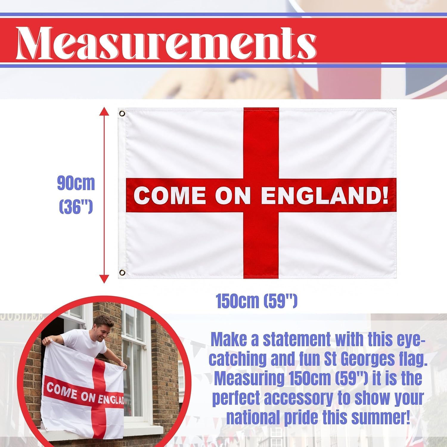 Toyland® 5ft X 3ft (150cm X 91cm) St George’s Cross Red & White “Come On England!” Flag - World Cup, Euros, Sports Celebrations & English Party Decorations - Football Fans & Supporters Accessories - Image 8