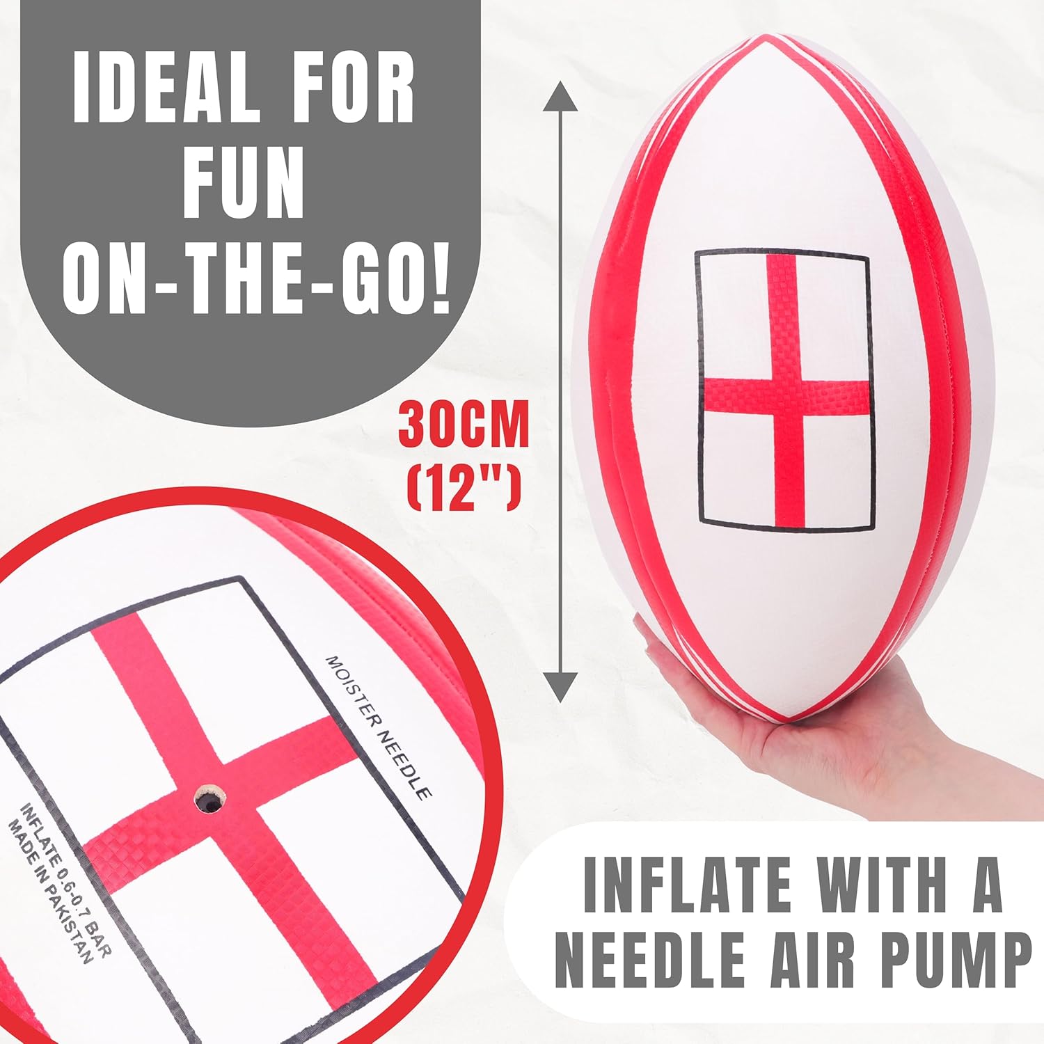 Toyland 30cm (12”) England Rugby Ball Size 5 - White & Red English Flag Design - Sports, St Georges, World Cup, Euros Celebrations - Indoor & Outdoor Play - Image 5