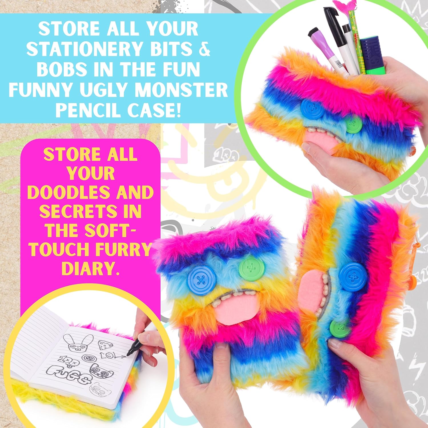 Toyland® Pack of 2 Fuggler Stationery Set - A5 Furry Notebook & Pencil Case Set - Fun Rainbow with Button Eyes Design - Cute Desk Accessories for Kids & Teens - 3+ Years - Image 4