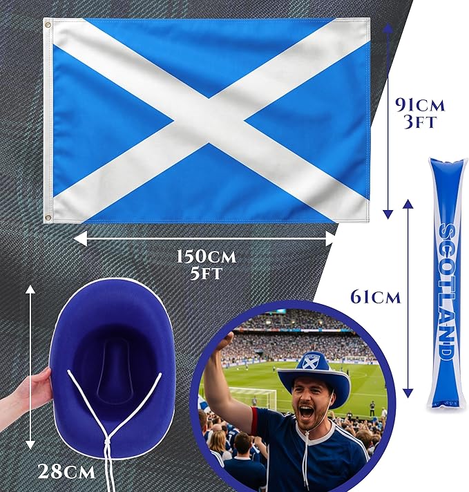 Toyland® 4 Piece Scotland Bundle - Includes 1 Scotland Cowboy Hat, 1 Large Flag 5ft x 3ft, & 2 Bang Bang Noisemaking Sticks - World Cup & Sports Events - St Andrews Party & Celebration Accessories - Image 5