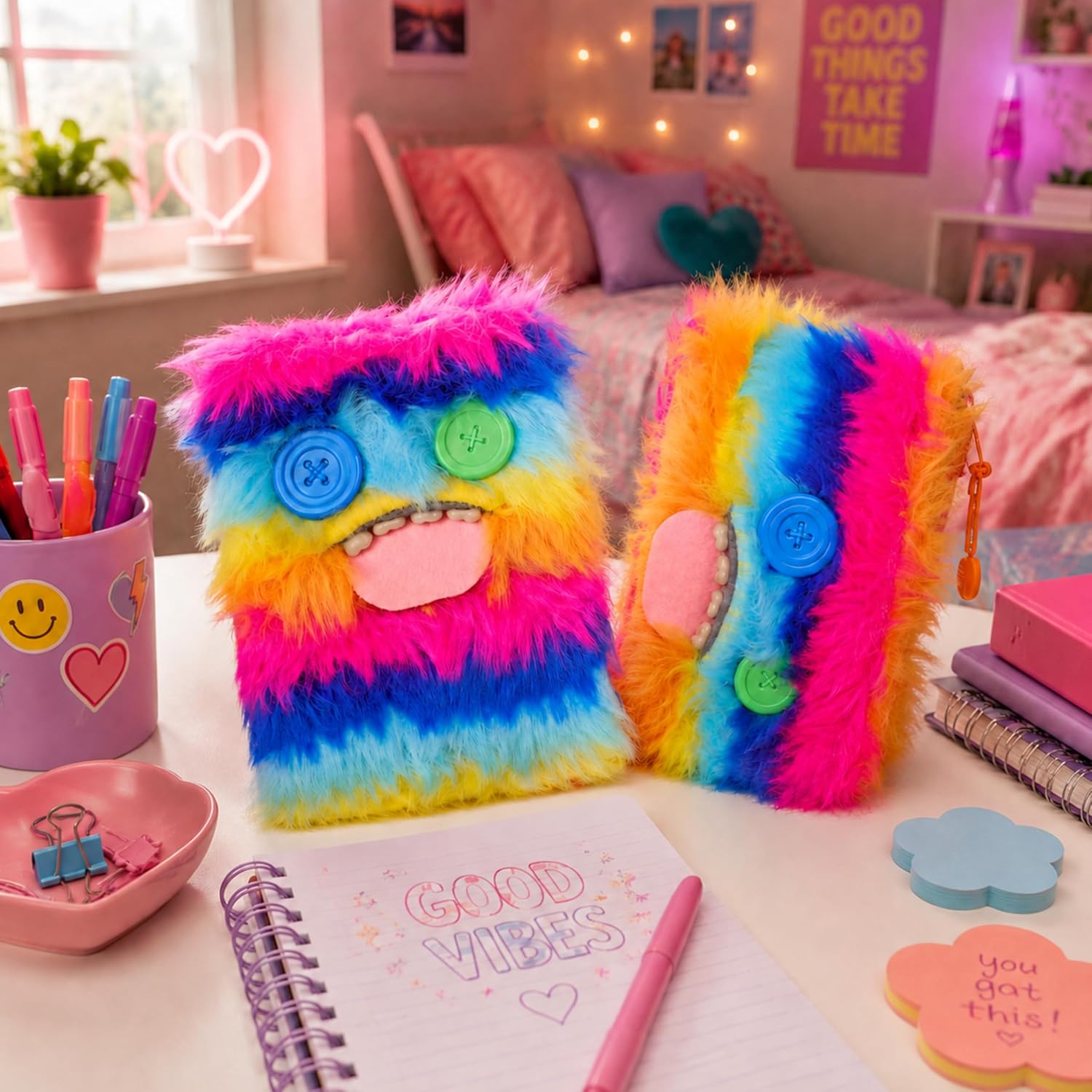 Toyland® Pack of 2 Fuggler Stationery Set - A5 Furry Notebook & Pencil Case Set - Fun Rainbow with Button Eyes Design - Cute Desk Accessories for Kids & Teens - 3+ Years - Image 5