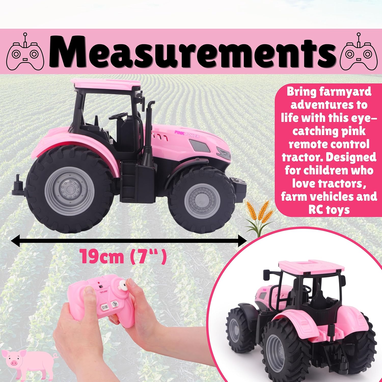 Toyland 1:24 Scale Pink Remote Control Tractor Toy with Lights & USB Charging - Rechargable Battery Included - Indoor and Outdoor Farm Play Vehicle - Image 7