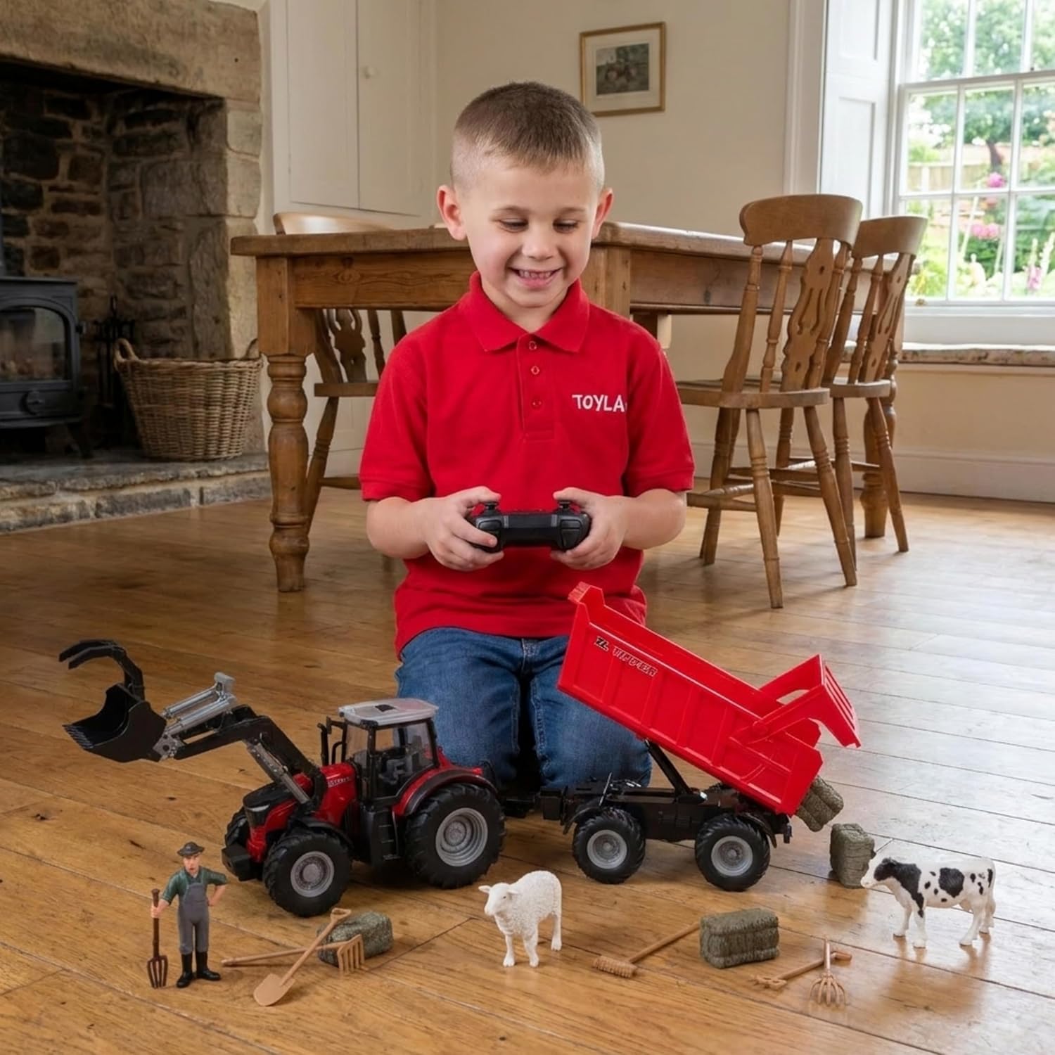 Toyland 1:24 Scale Red Remote Control Tractor With Frontloader, Powered Tipping Trailer & Accessories - Toy Playset with Lights & USB Charging - Rechargable Battery Included - Farm Play Vehicle - Image 5