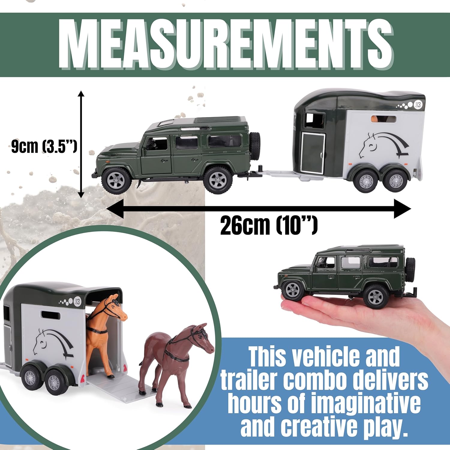 Toyland® 26cm (10”) Land Rover with Horse Trailer & 2 Horses - Die-Cast Metal 4x4 Vehicle Playset - Pull-Back Action Movement & Opening Doors - Suitable for Ages 3+ - Image 6