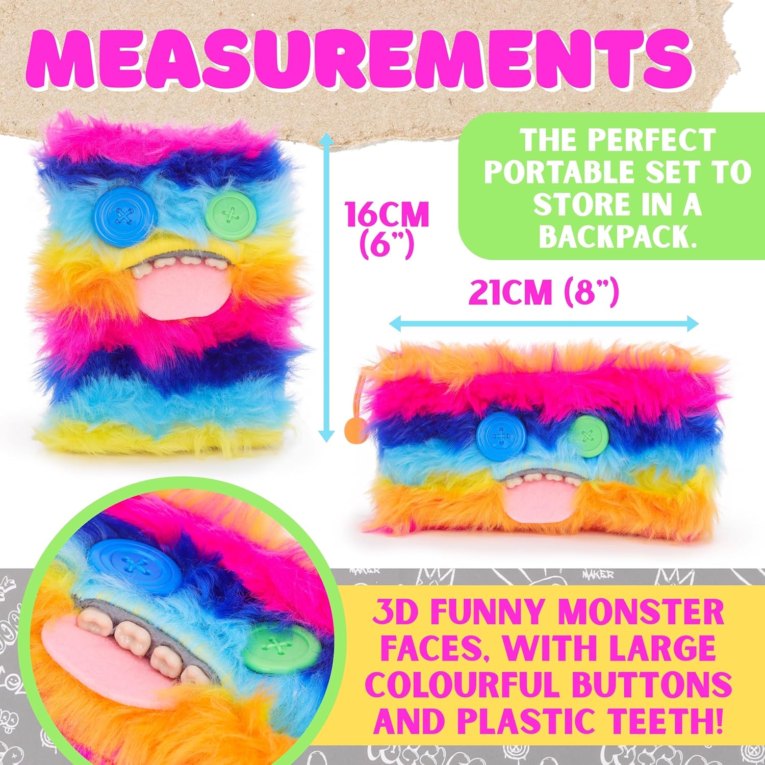Toyland® Pack of 2 Fuggler Stationery Set - A5 Furry Notebook & Pencil Case Set - Fun Rainbow with Button Eyes Design - Cute Desk Accessories for Kids & Teens - 3+ Years - Image 6