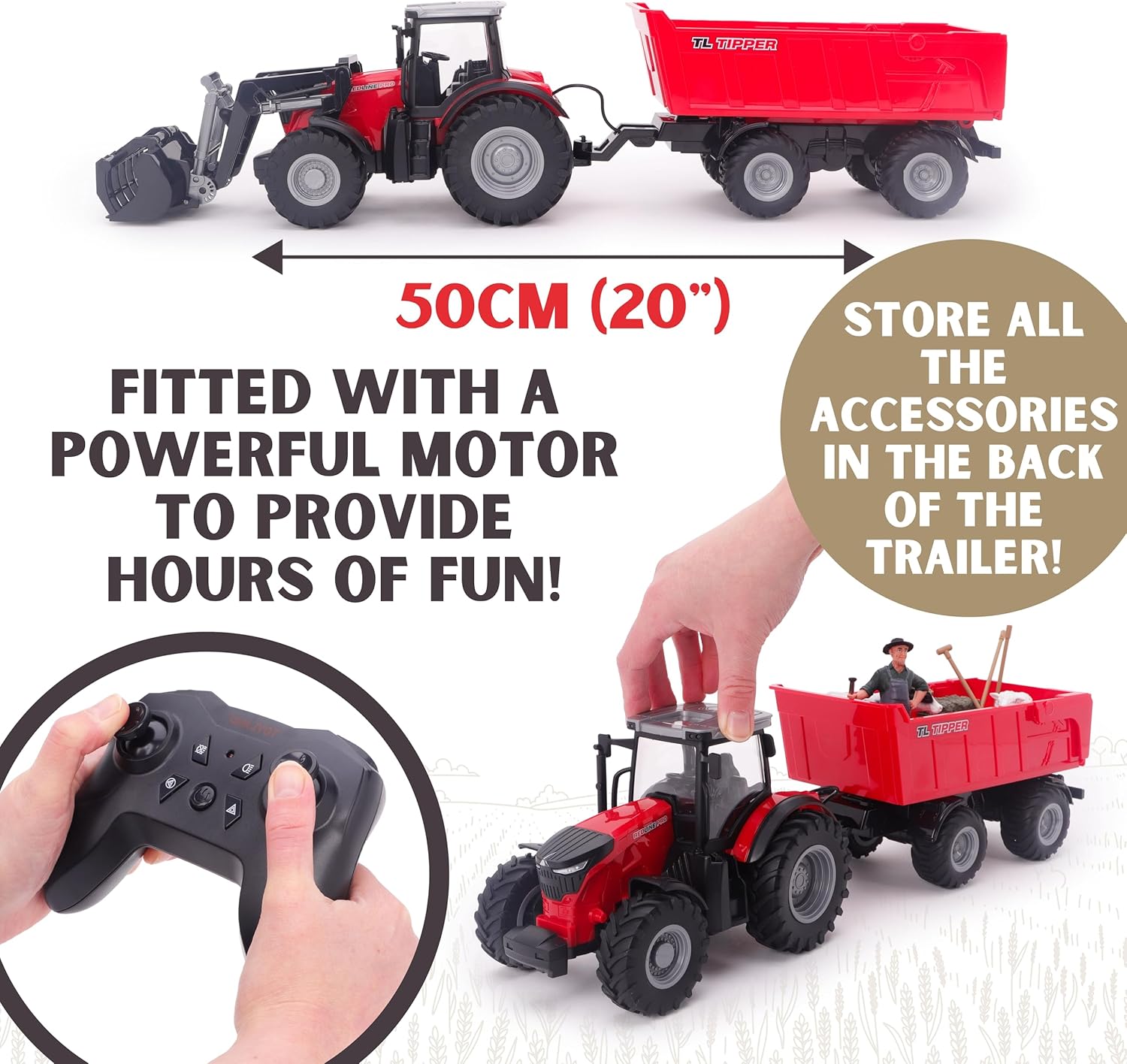 Toyland 1:24 Scale Red Remote Control Tractor With Frontloader, Powered Tipping Trailer & Accessories - Toy Playset with Lights & USB Charging - Rechargable Battery Included - Farm Play Vehicle - Image 6