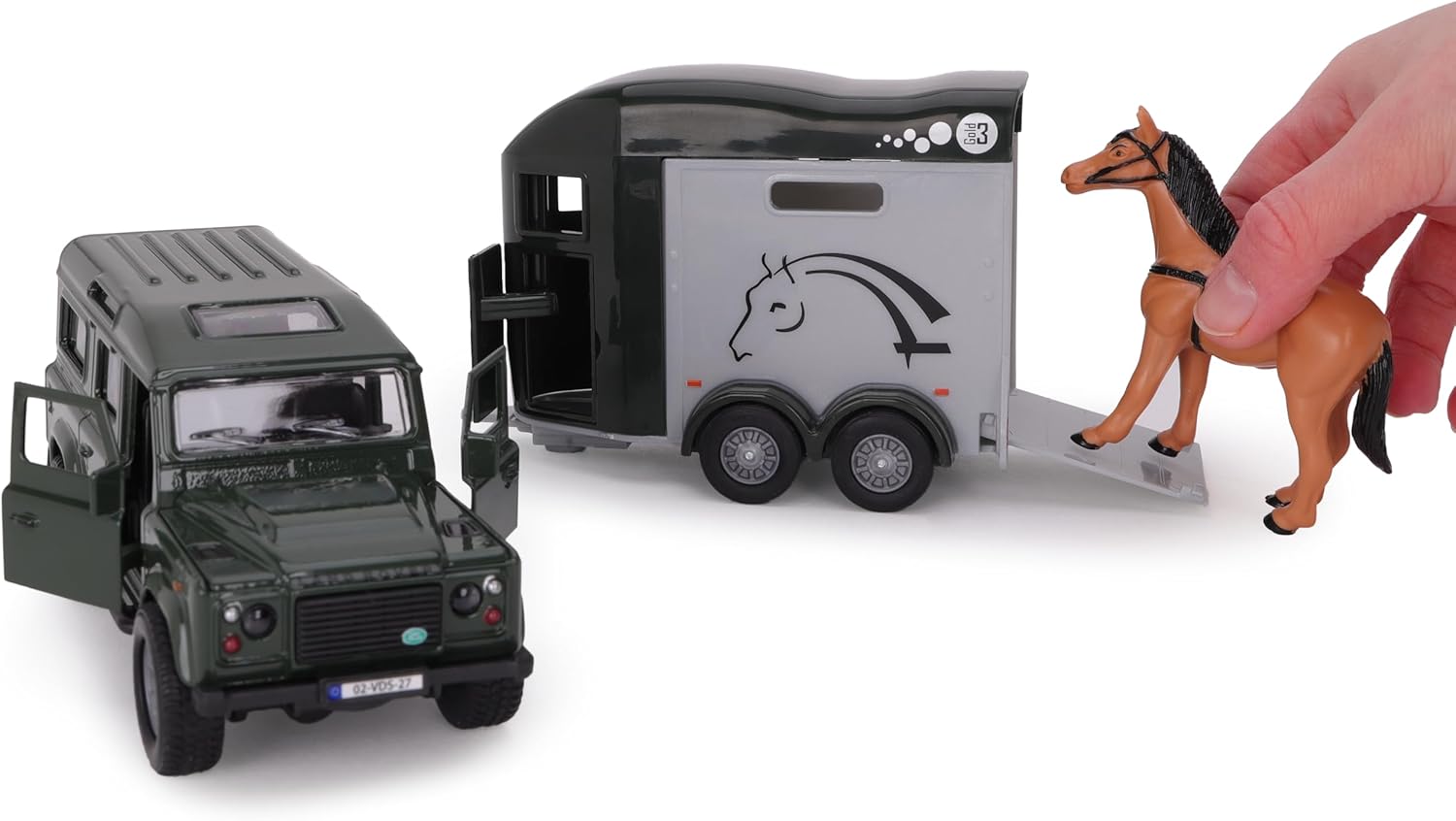 Toyland® 26cm (10”) Land Rover with Horse Trailer & 2 Horses - Die-Cast Metal 4x4 Vehicle Playset - Pull-Back Action Movement & Opening Doors - Suitable for Ages 3+ - Image 7