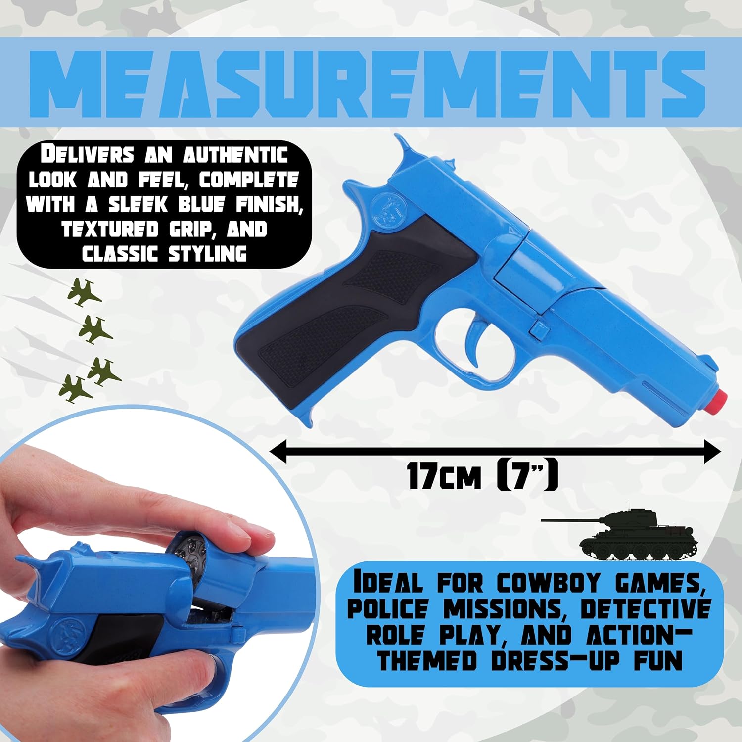 Toyland® 17cm (7”) Blue Die-Cast Metal Command Toy Pistol with Holster - Action Role Play Set for Kids - Fancy Dress Accessories - Image 6