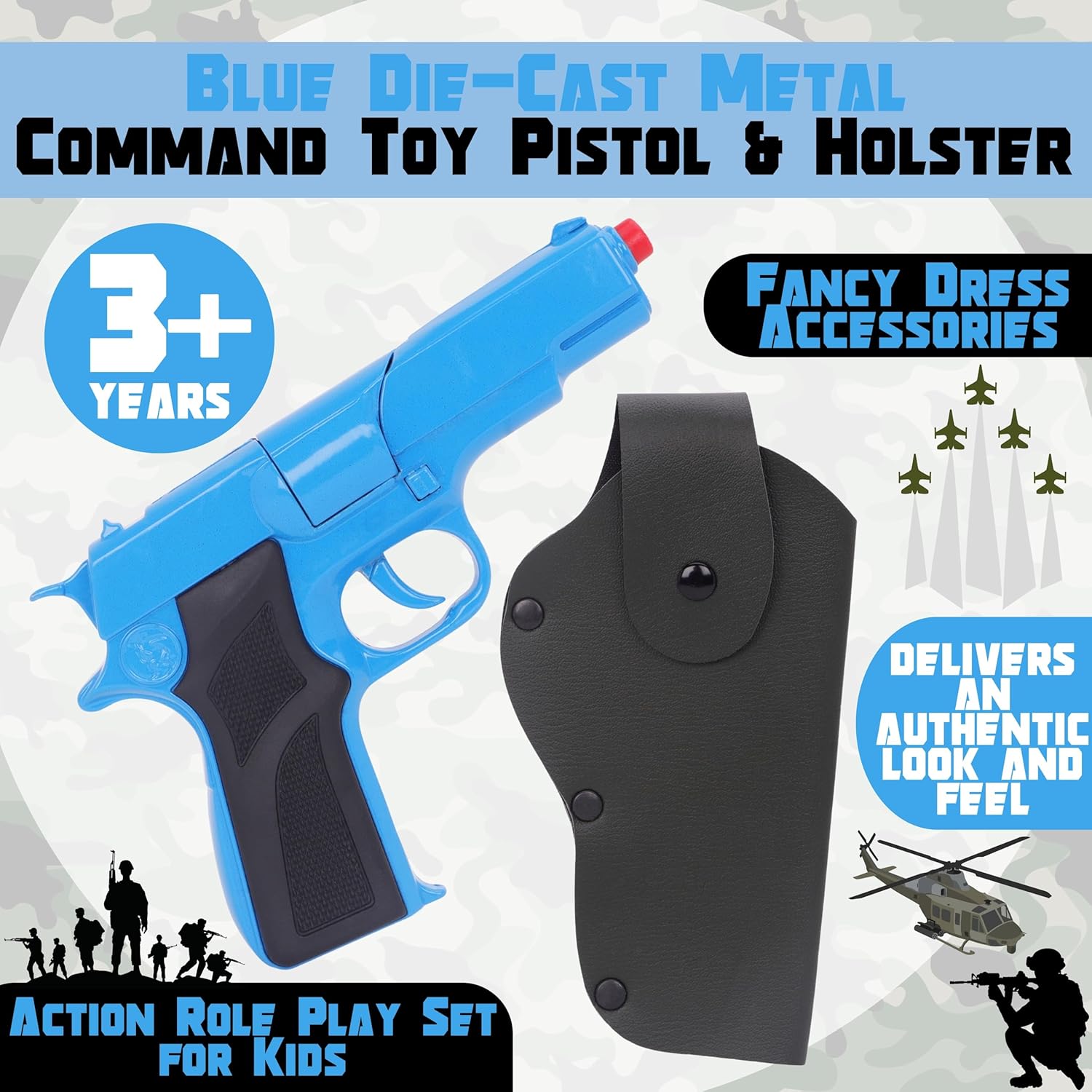 Toyland® 17cm (7”) Blue Die-Cast Metal Command Toy Pistol with Holster - Action Role Play Set for Kids - Fancy Dress Accessories - Image 3