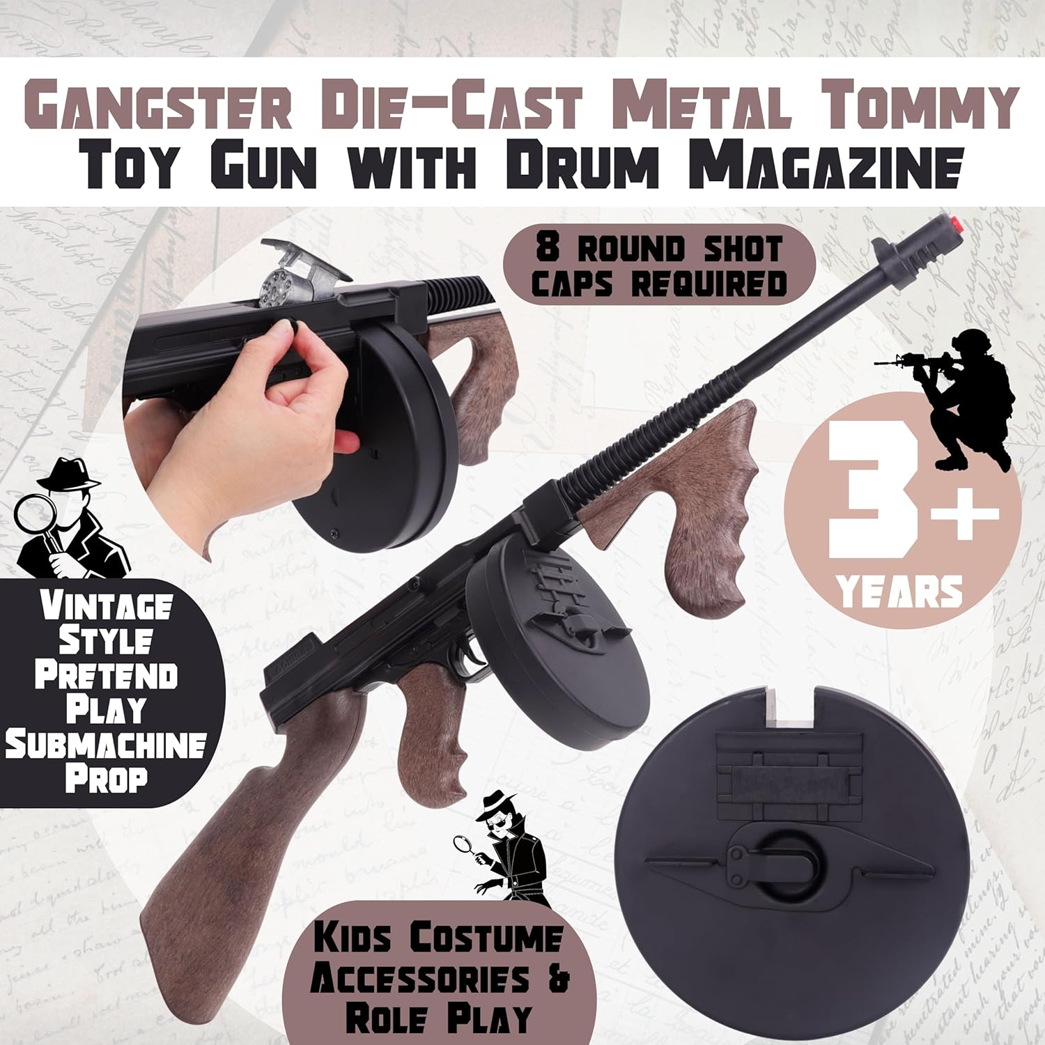 Toyland® 76cm (30”) Gangster Die-Cast Metal Tommy Toy Gun with Drum Magazine - 8 Shot Submachine Cap Gun With 96 Shots Included - Role Play & Fancy Dress Accessory - Ages 3+ - Image 4