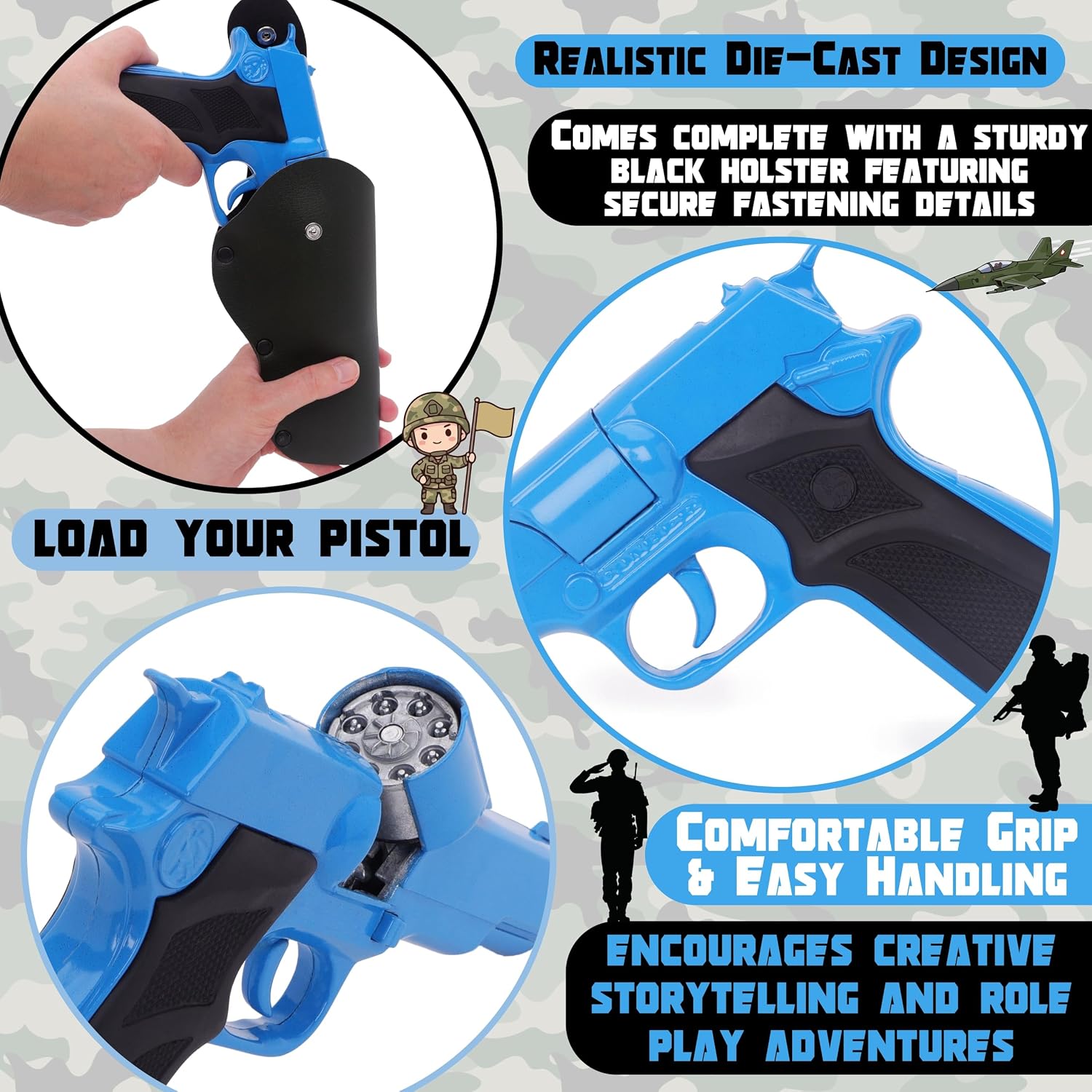 Toyland® 17cm (7”) Blue Die-Cast Metal Command Toy Pistol with Holster - Action Role Play Set for Kids - Fancy Dress Accessories - Image 4