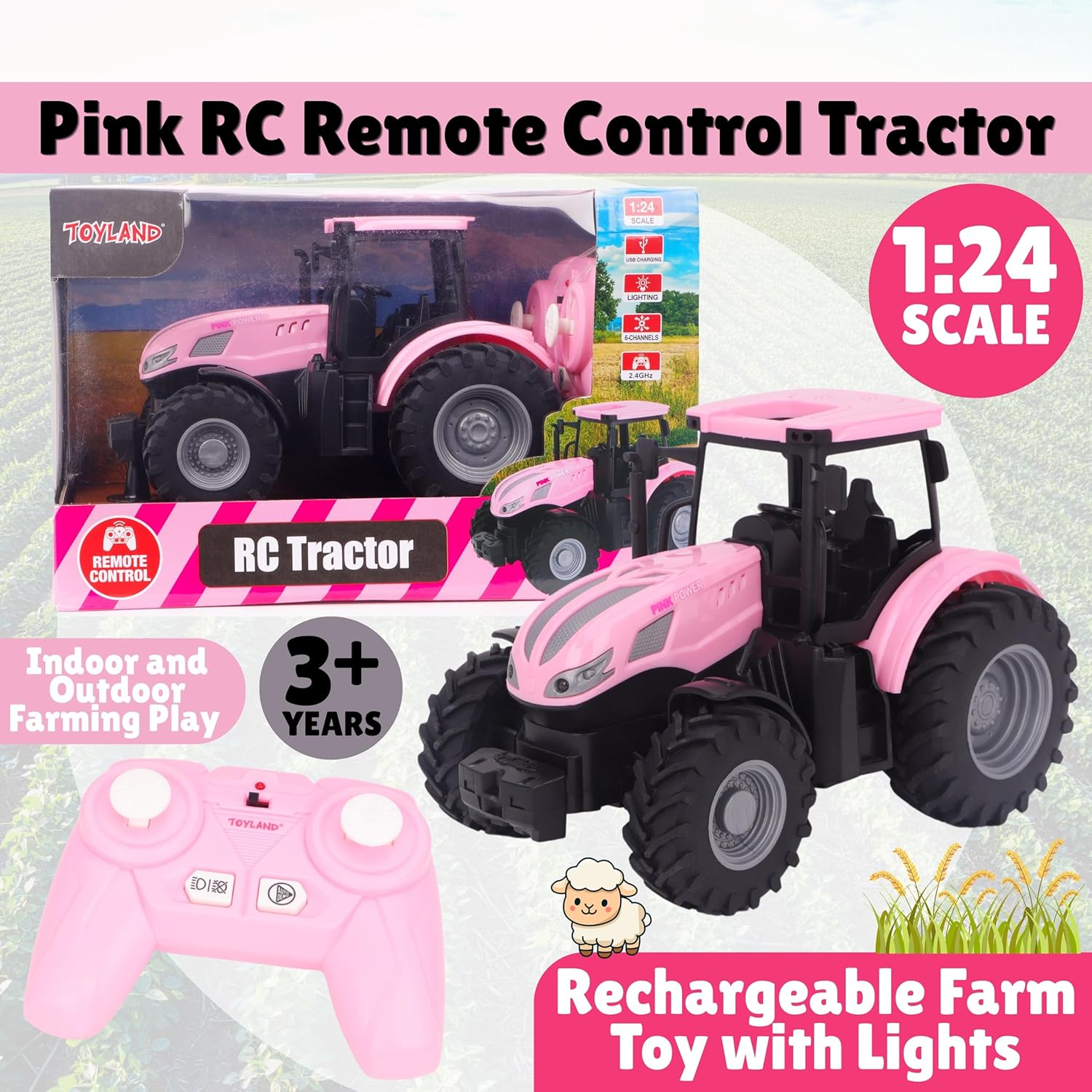 Toyland 1:24 Scale Pink Remote Control Tractor Toy with Lights & USB Charging - Rechargable Battery Included - Indoor and Outdoor Farm Play Vehicle - Image 3