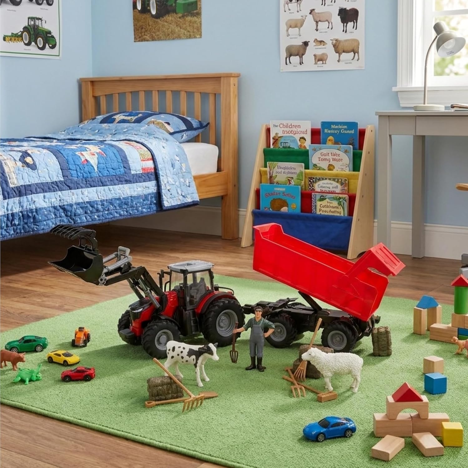 Toyland 1:24 Scale Red Remote Control Tractor With Frontloader, Powered Tipping Trailer & Accessories - Toy Playset with Lights & USB Charging - Rechargable Battery Included - Farm Play Vehicle - Image 8