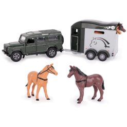 Toyland® 26cm (10”) Land Rover with Horse Trailer & 2 Horses - Die-Cast Metal 4x4 Vehicle Playset - Pull-Back Action Movement & Opening Doors - Suitable for Ages 3+