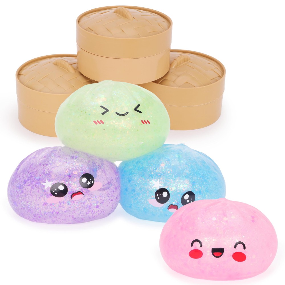 Toyland® Mystery Ice Glitter Squishy Bao Dumpling Sensory Fidget Toy with Plastic Steamer Box - Squeeze Toys for Kids - 1 Chosen At Random - Ages 3+
