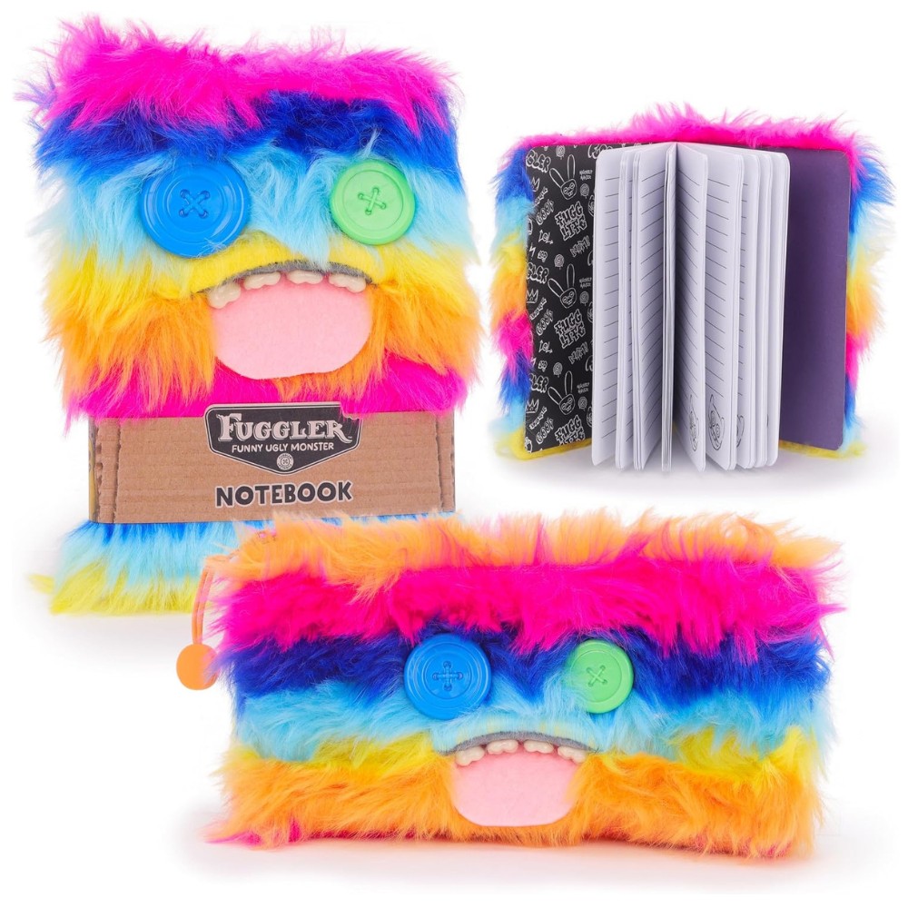 Toyland® Pack of 2 Fuggler Stationery Set - A5 Furry Notebook & Pencil Case Set - Fun Rainbow with Button Eyes Design - Cute Desk Accessories for Kids & Teens - 3+ Years