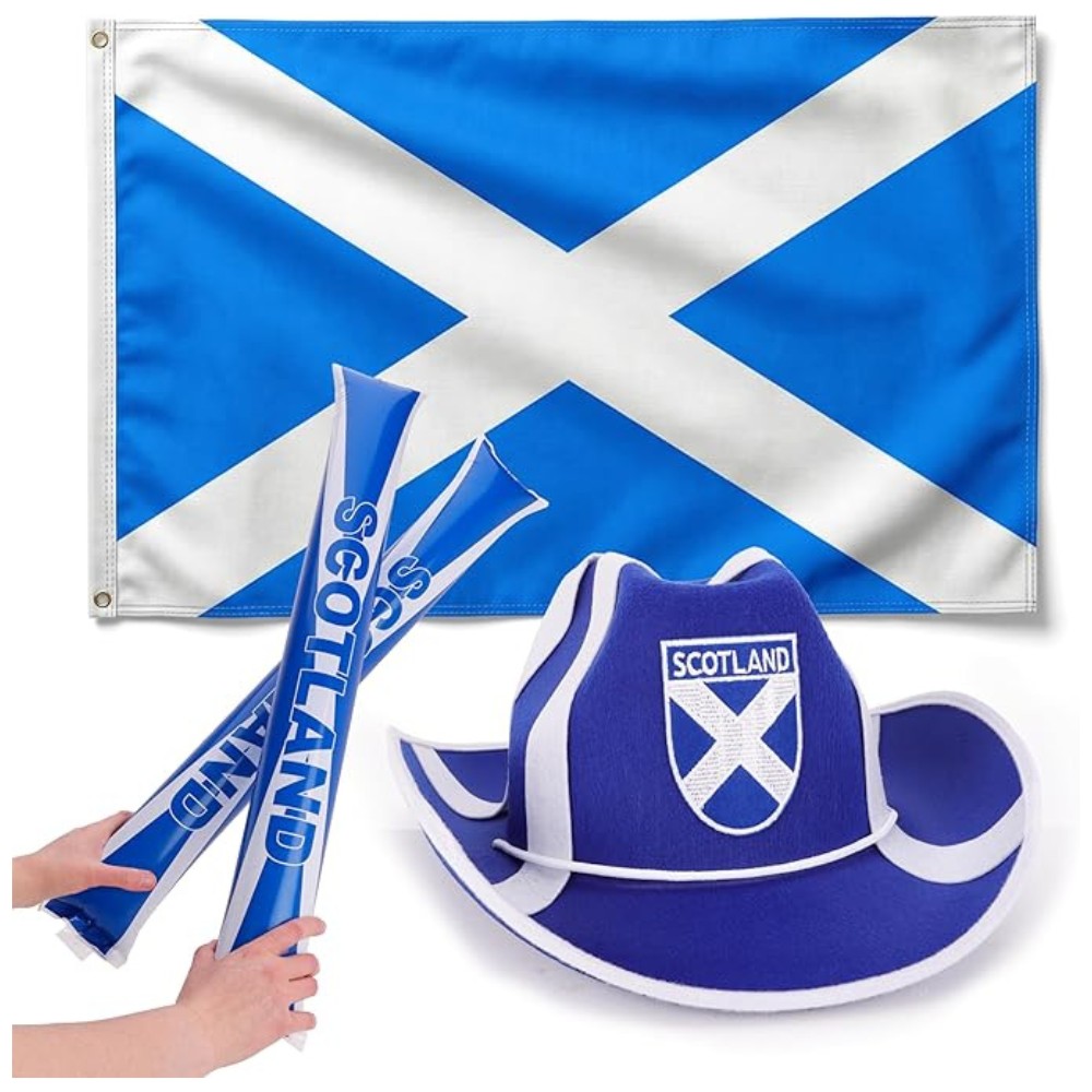 Toyland® 4 Piece Scotland Bundle - Includes 1 Scotland Cowboy Hat, 1 Large Flag 5ft x 3ft, & 2 Bang Bang Noisemaking Sticks - World Cup & Sports Events - St Andrews Party & Celebration Accessories