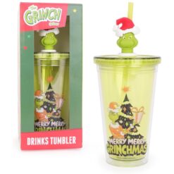 Toyland® The Grinch 700ml (24oz) “Merry Grinchmas” Kids Tumbler | BPA Free Reusable Water Bottle & Straw - Portable Travel Drinks Cup