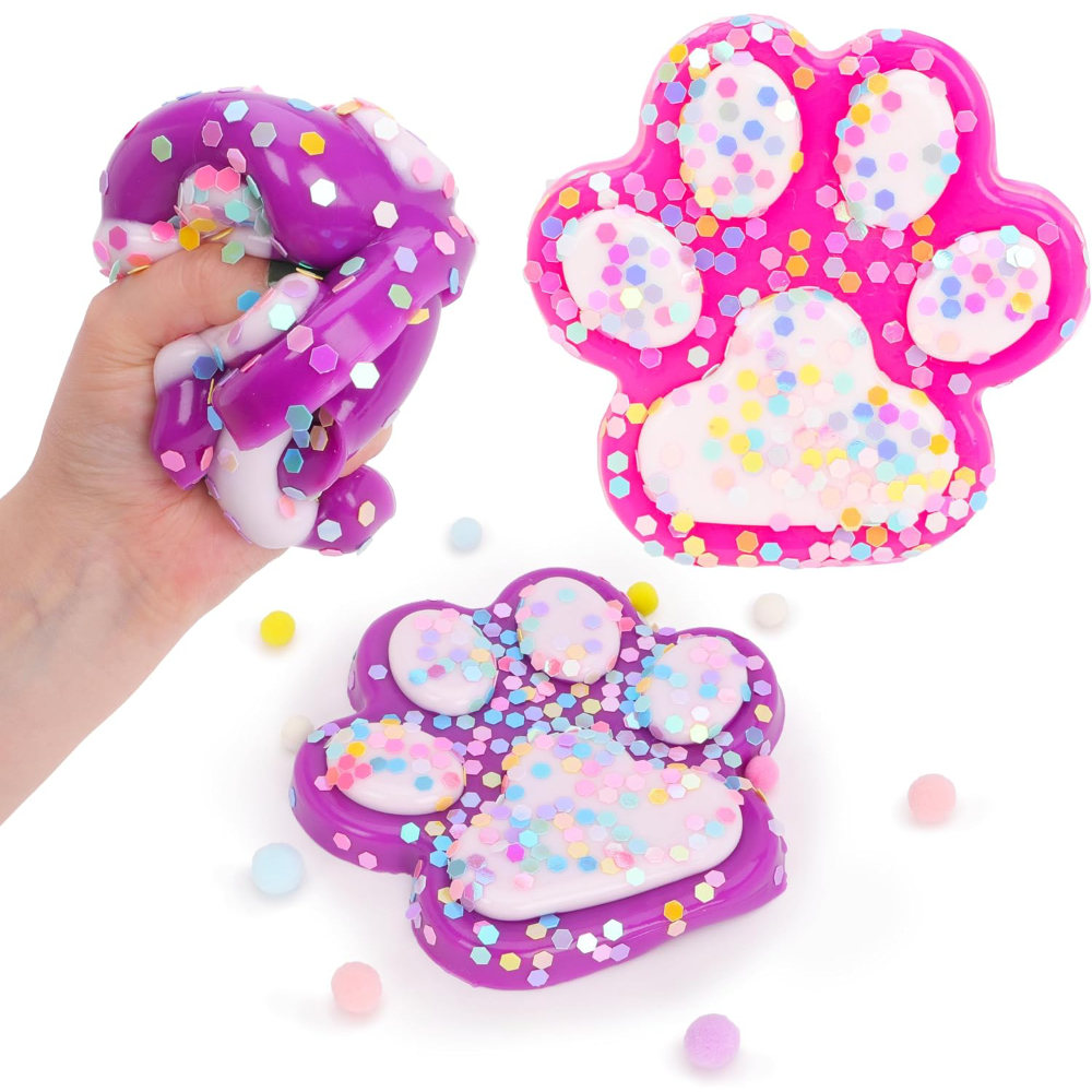 14cm (5.5“) Large Glittery Cat Paw Jelly Squeeze Toy - Squishy Fidget - 2 Assorted Colours - 1 Chosen At Random - Sensory Accessory for Kids & Adults