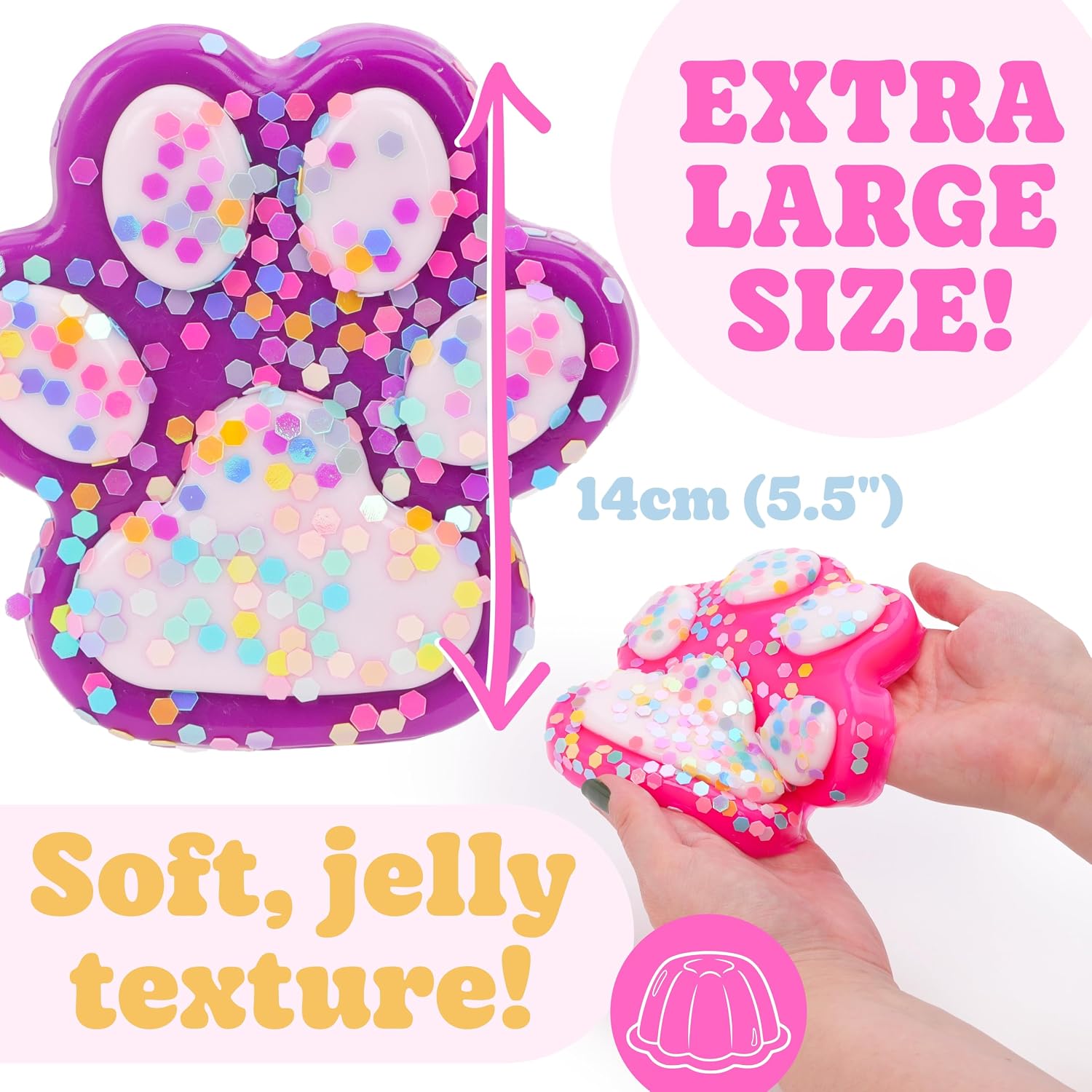 14cm (5.5“) Large Glittery Cat Paw Jelly Squeeze Toy - Squishy Fidget - 2 Assorted Colours - 1 Chosen At Random - Sensory Accessory for Kids & Adults - Image 6